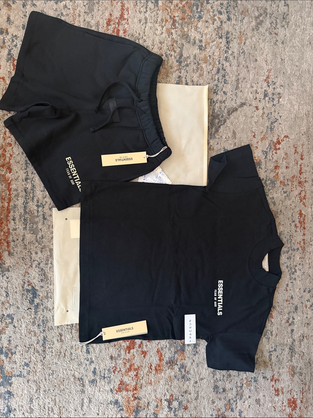 Essentials Black For KIDS , T shirt and short Set with White Logo